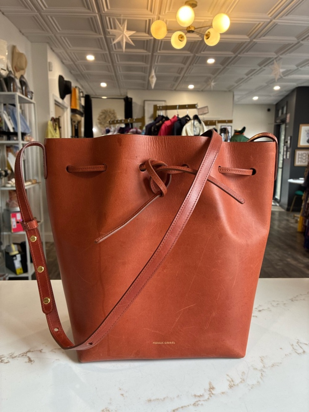 Mansur Gabriel Madison Convertible Bucket Bag in Cognac Leather - large